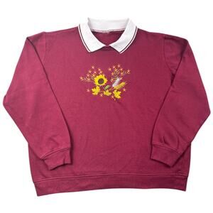 Vintage Adrian Delafield Burgundy Sunflower Embroidered Sweatshirt Cottagecore L